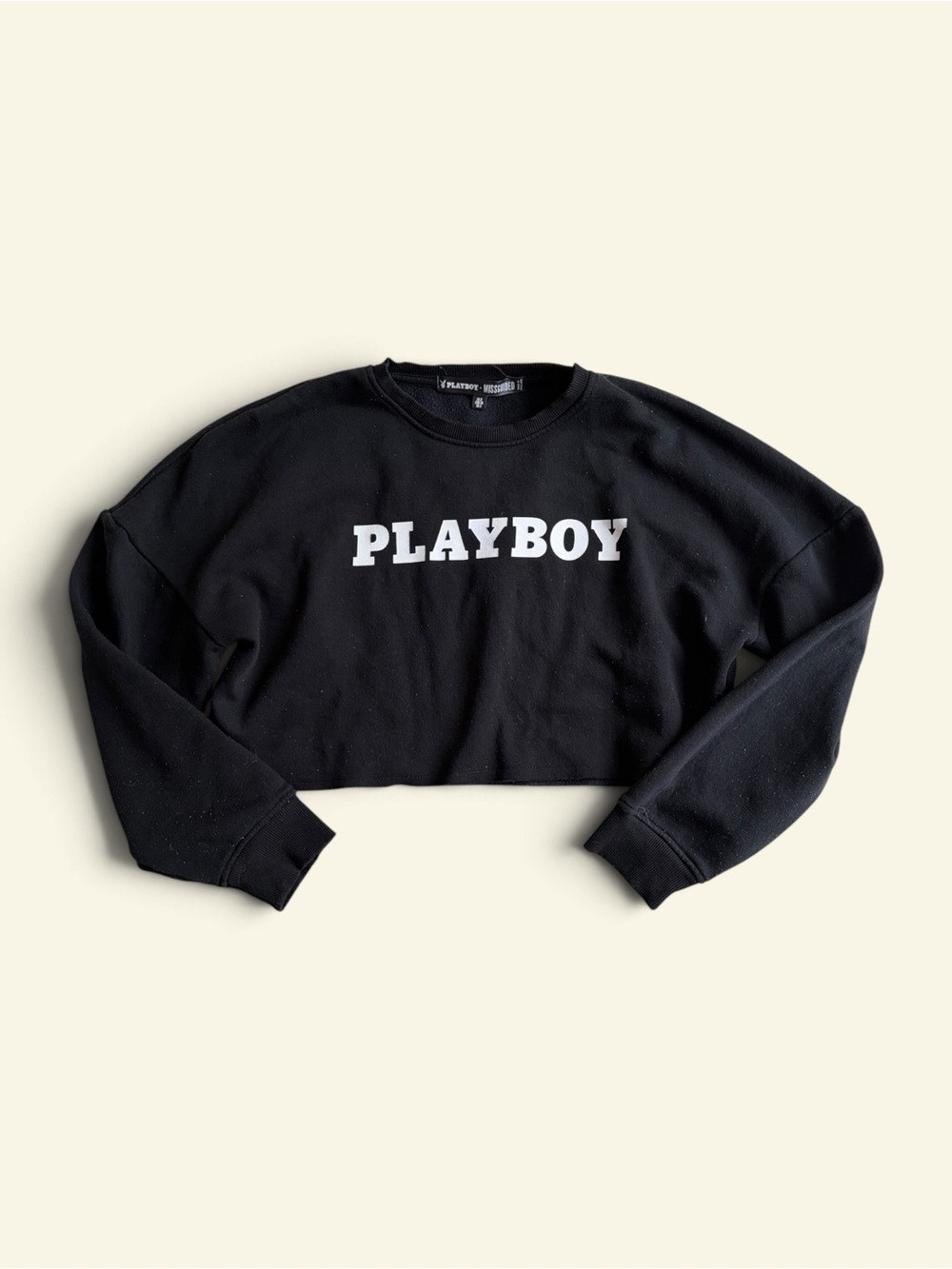 Playboy x Missguided Cropped Sweatshirt Black Spellout Crewneck Pullover Size 4